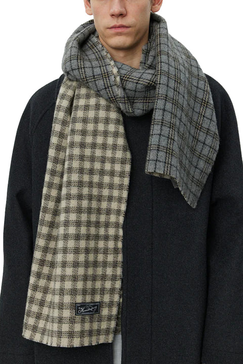 WOOL SCARF GREY DOUBLE FACED CHECK